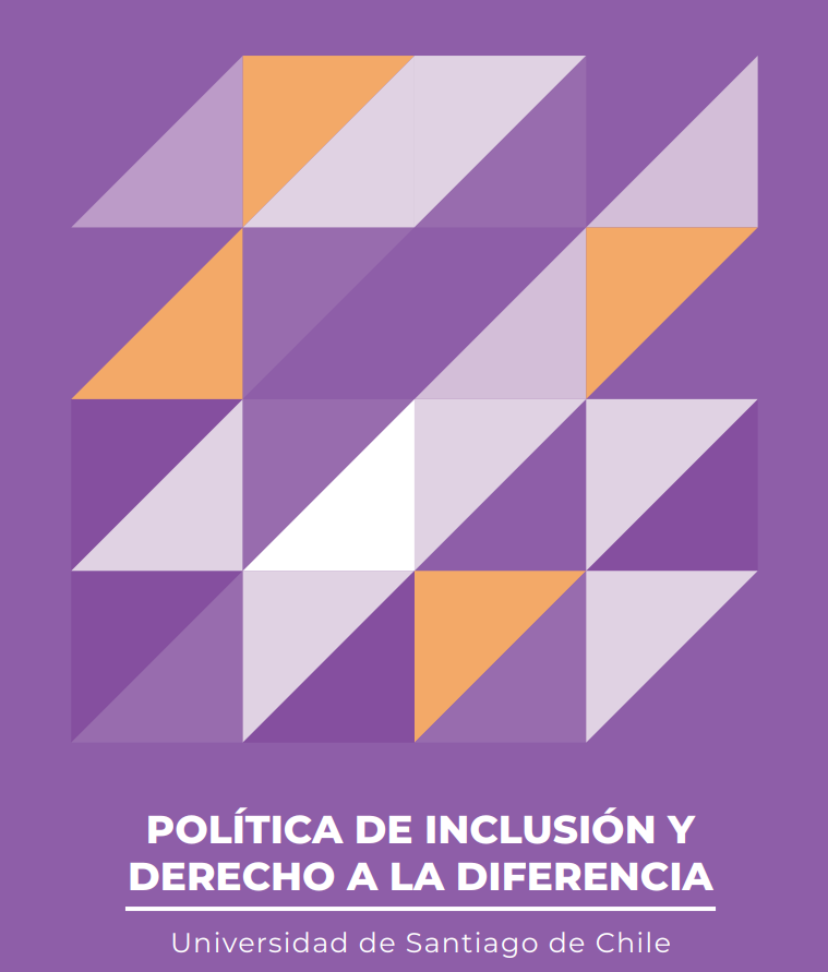 Portada de la politica de inclusion, afiche en color morado con aplicaciones geométricas en tonalidades naranjas, blancas, moradas y grises hacia el centro superior de la imagen.