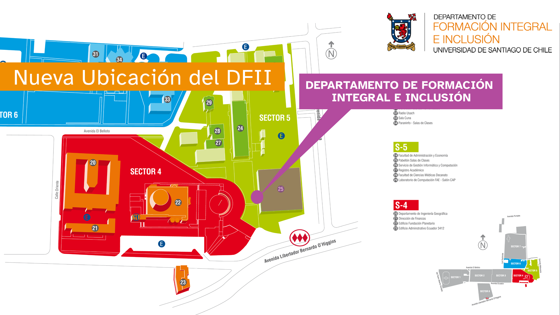 Mapa del campus USACH donde se destaca la ubicación del DFII en color morado.