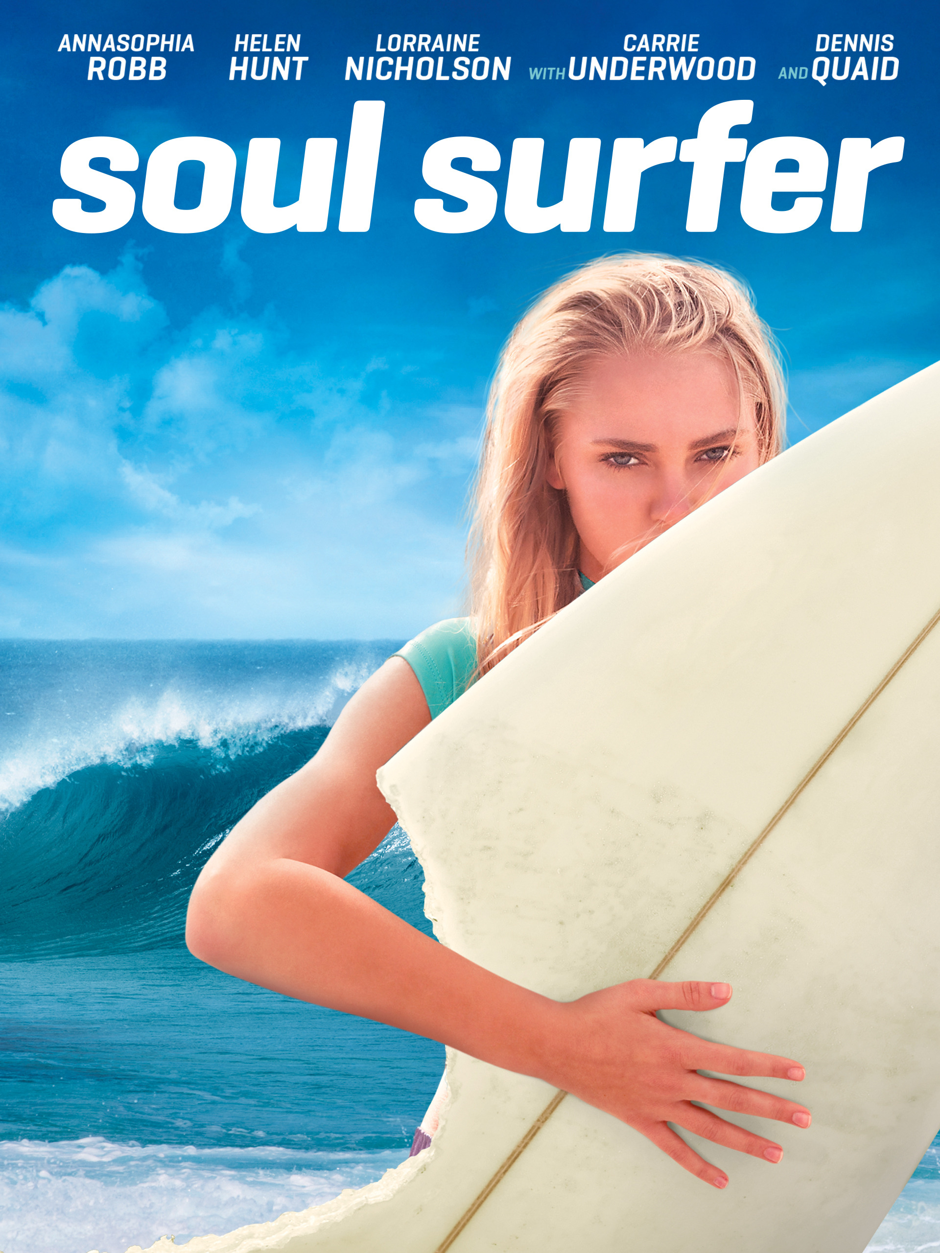 portada de la pelicula Soul Surfer, aparece una mujer sosteniendo una tabla de surf